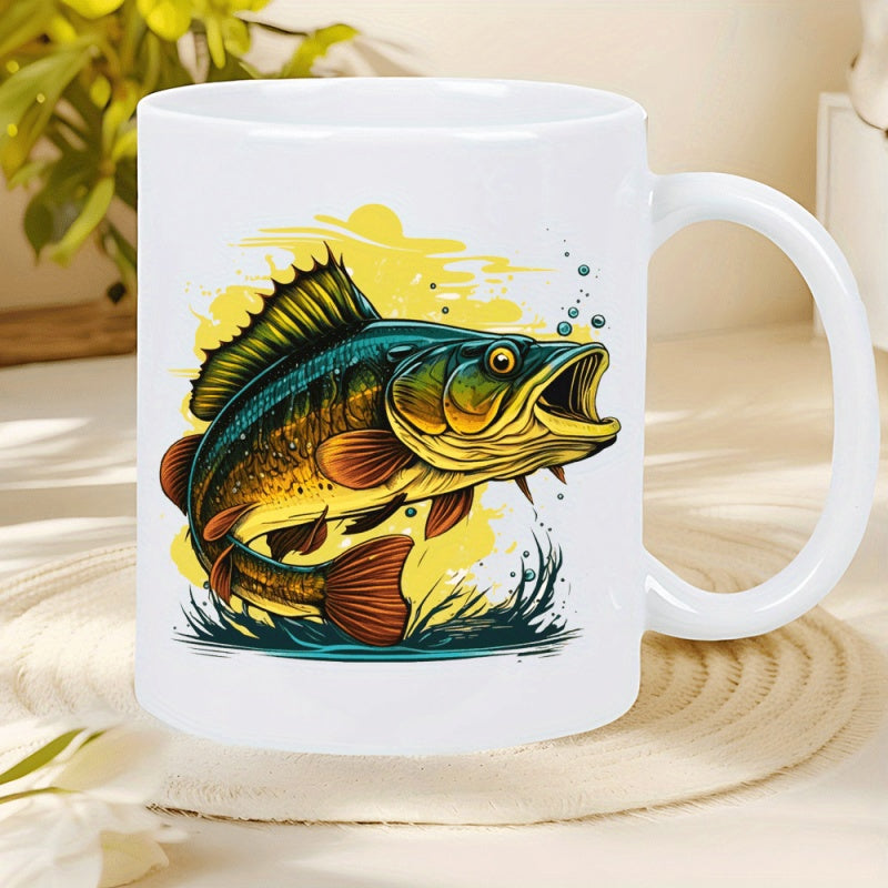 Tailorly White Ceramic 11 oz Mug - Majestic Jumping Bass Leaping From Splashing Blue Water With Sunburst Aura Fish