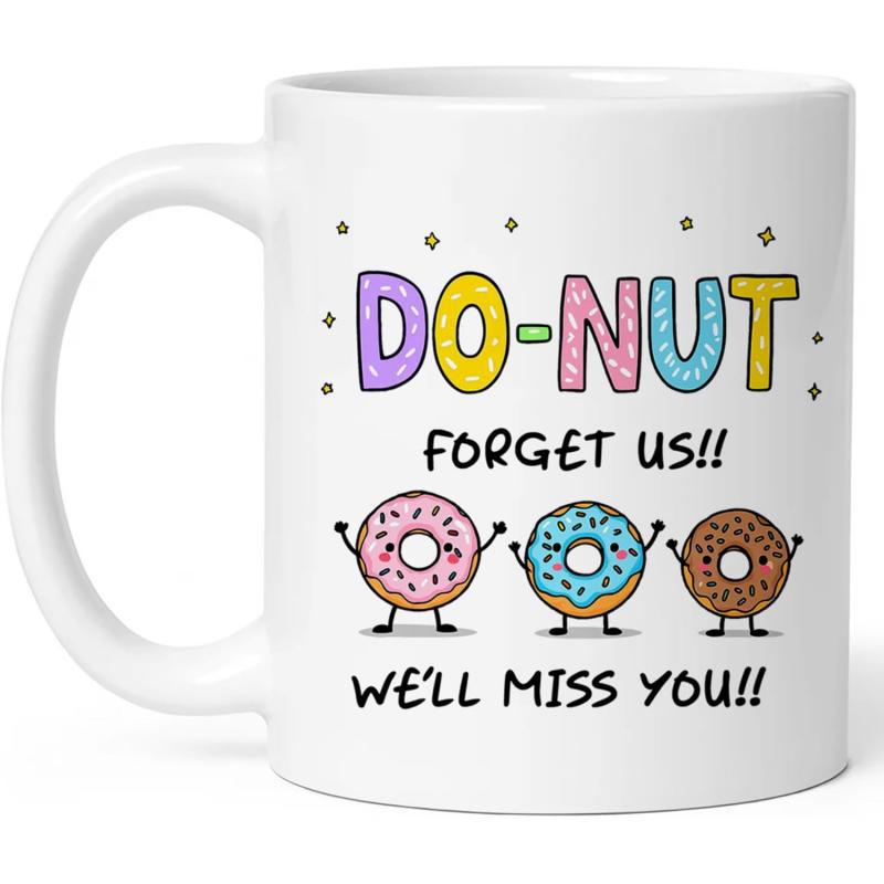 Tailorly White Ceramic 11 oz Mug - Do Nut Forget Us Well Miss You Cute Anthropomorphic Characters Smiling And Waving In A Playful Festive Arrangement Donut