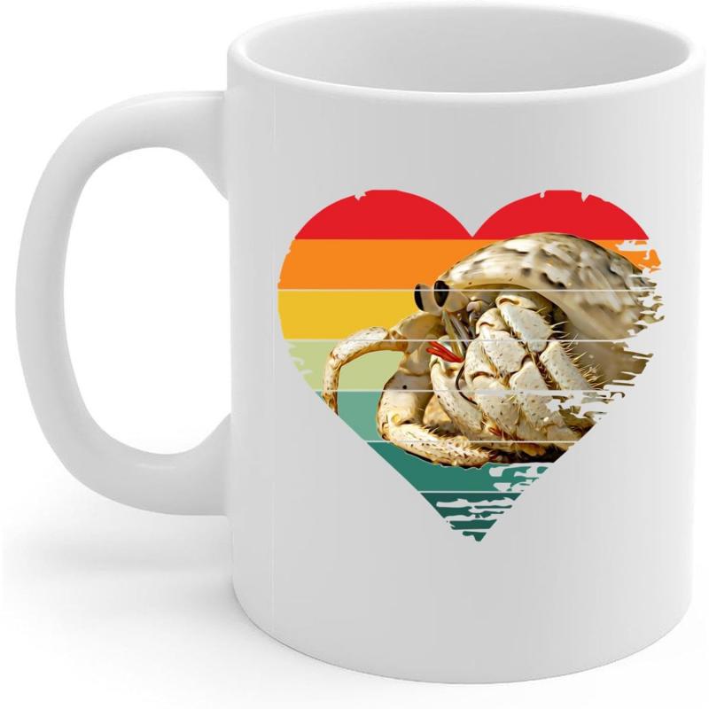 Tailorly White Ceramic 11 oz Mug - Vintage Retro Heart Shape With Colorful Sunset Stripes And Detailed Hermit Crab