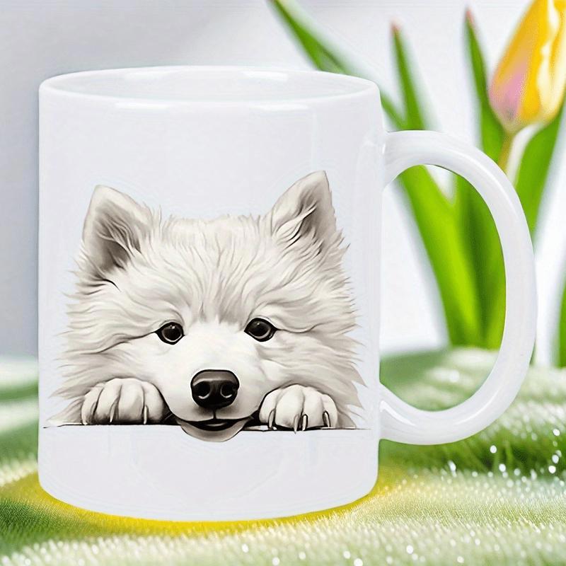 Tailorly White Ceramic 11 oz Mug - Fluffy White Samoyed Puppy Peeking With Paws Over White Edge Dog