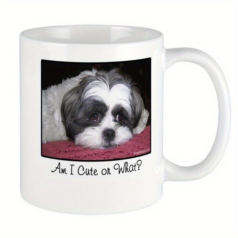 Tailorly White Ceramic 11 oz Mug - Am I Cute Or What Resting Its Head Comfortably On A Soft Pink Surface Dog