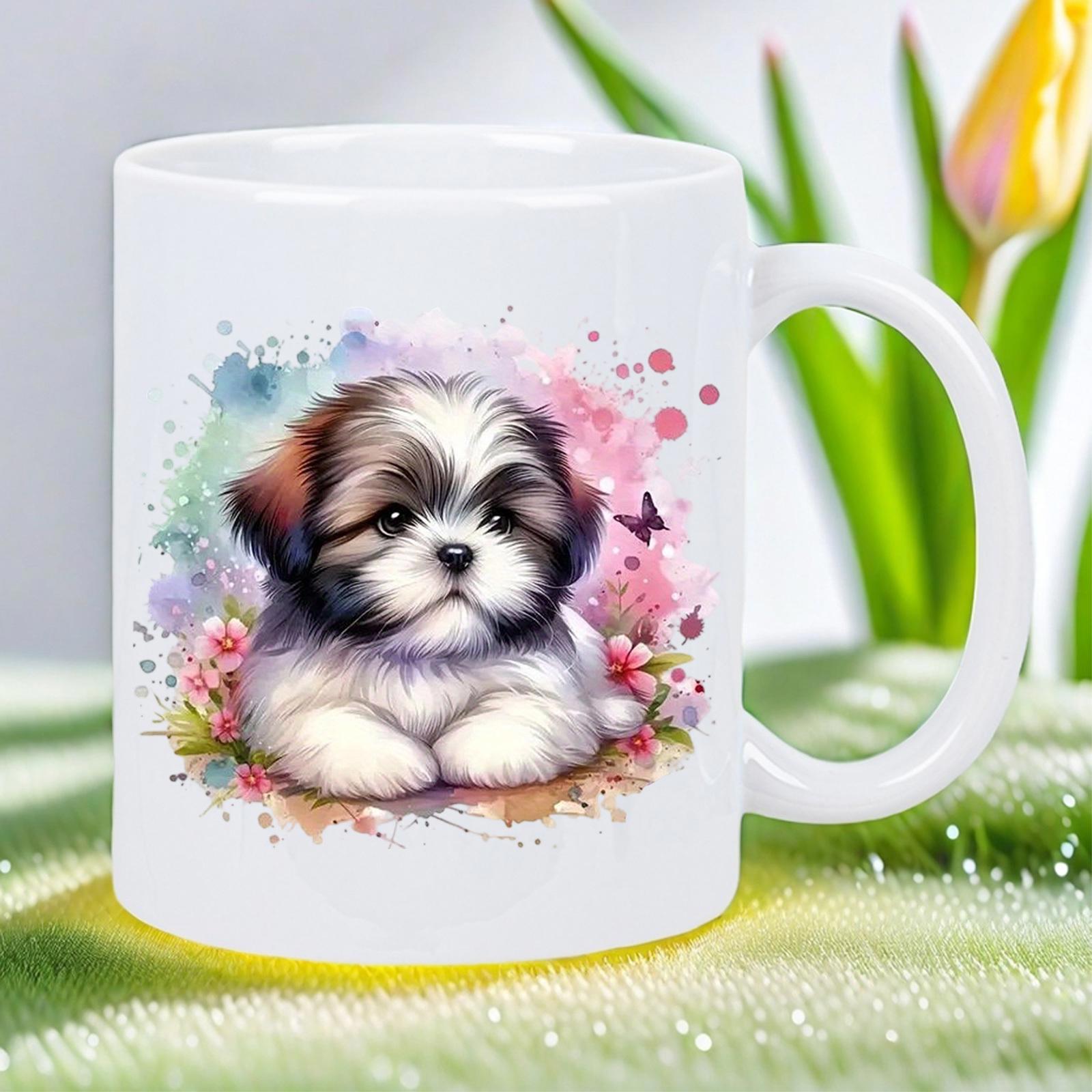 Tailorly White Ceramic 11 oz Mug - Adorable Watercolor Puppy Resting Among Soft Pastel Splashes And Blossoms Dog