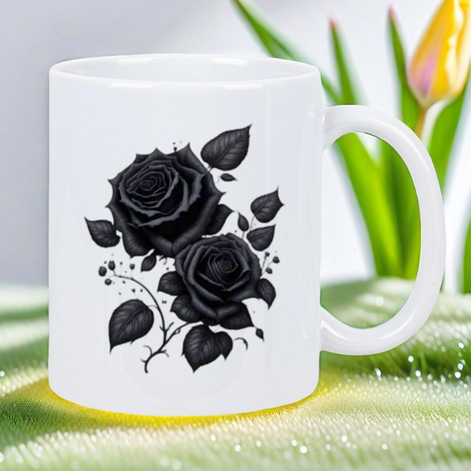 Tailorly White Ceramic 11 oz Mug - Hand Drawn Gothic Style Midnight Black Floral Bloom With Leaves Elegant Rose