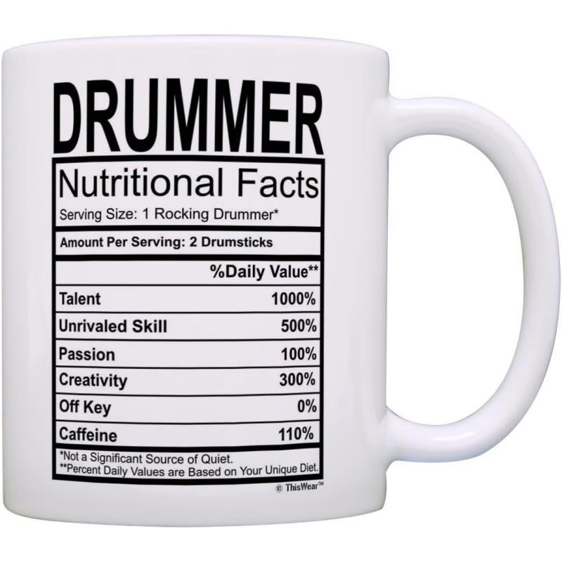 Tailorly White Ceramic 11 oz Mug - Drummer Nutritional Facts Structured Black And White Text Layout Arranged Like Functional Label Mug