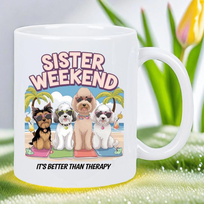 Tailorly White Ceramic 11 oz Mug - Sister Weekend It Is Better Than Therapy Four Cute Cartoon Dogs Sitting On Tropical Sunny Beach With Palm Trees Dogs