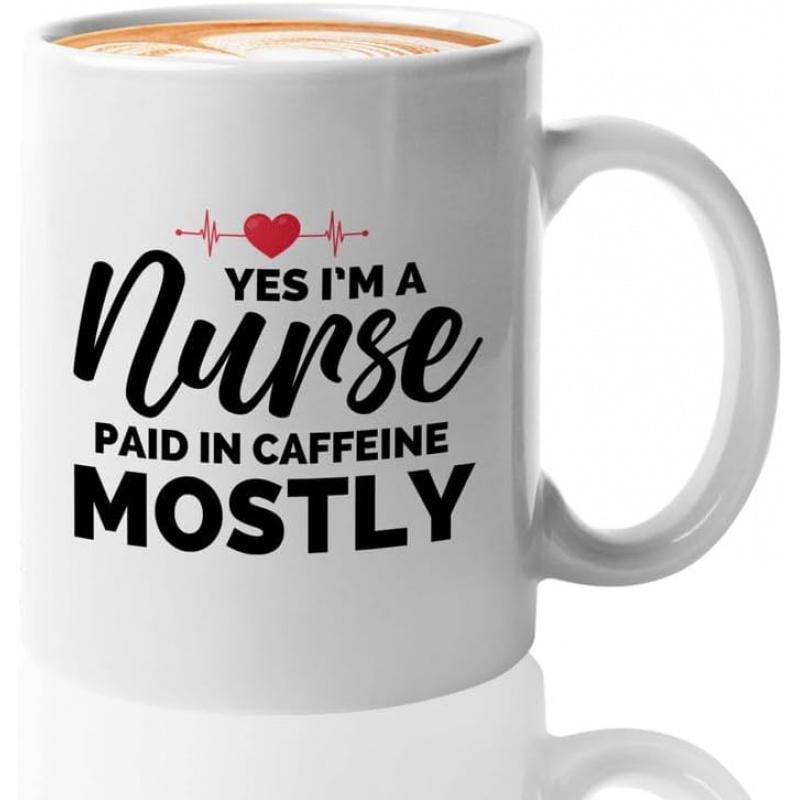 Tailorly White Ceramic 11 oz Mug - Yes I M A Nurse Paid In Caffeine Mostly Heartbeat Line With Minimalist Red Heart Symbol Ceramic
