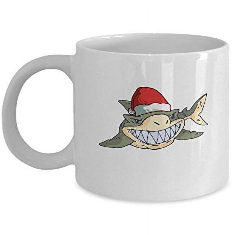 Tailorly White Ceramic 11 oz Mug - Smiling Cartoon Great White Swimming With Festive Red Christmas Santa Hat Shark