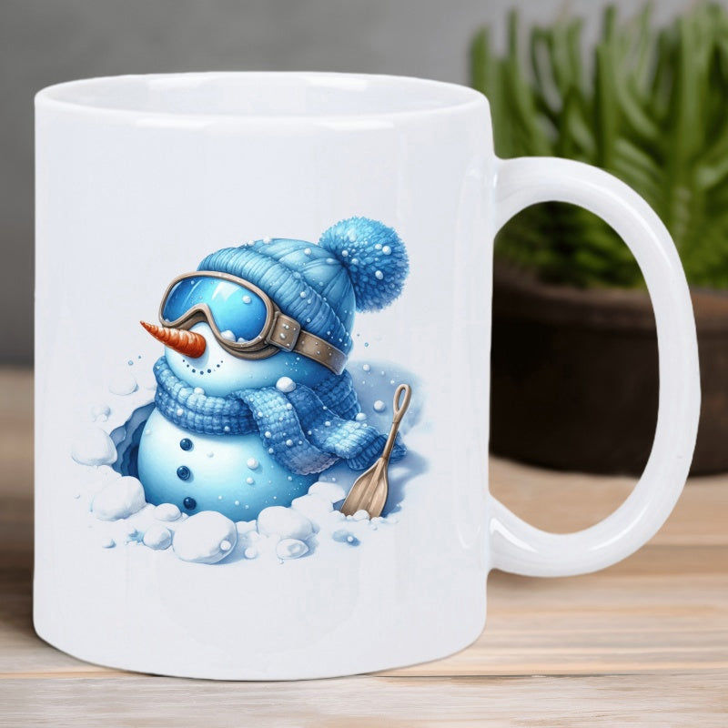 Tailorly White Ceramic 11 oz Mug - Charming Winter Character Wearing Blue Knitted Hat And Goggles Among Snow Snowman