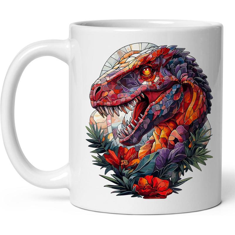 Tailorly White Ceramic 11 oz Mug - Vibrant Stained Glass Aesthetic With Tropical Leaves And Blooming Flowers Dinosaur