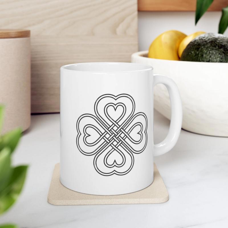 Tailorly White Ceramic 11 oz Mug - Symmetrical Celtic Inspired Design Featuring Four Interlocking Hearts Within A Lucky Clover