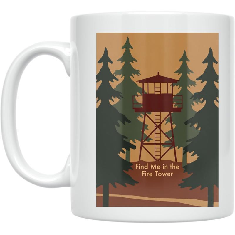 Tailorly White Ceramic 11 oz Mug - Find Me In The Fire Tower Rustic Wooden Lookout Structure Standing Tall Among Dense Evergreen Trees Fire Tower