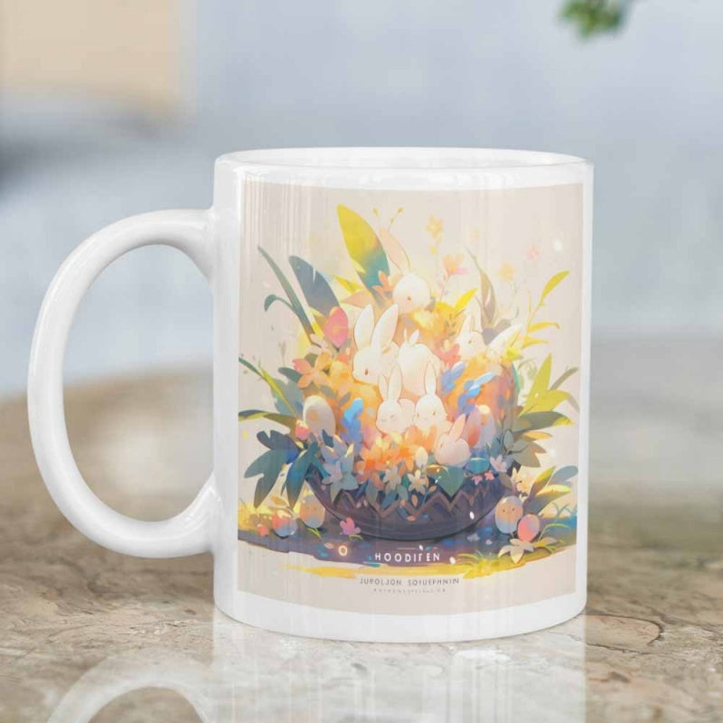 Tailorly White Ceramic 11 oz Mug - Happiness Spring Blossom Soft Watercolor Illustration Of Colorful Flowers Surrounding Little White Rabbit