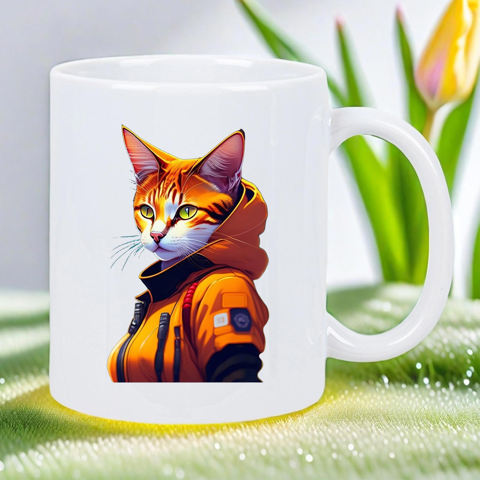 Tailorly White Ceramic 11 oz Mug - Majestic Orange Tabby Wearing Vibrant Futuristic Hooded Tactical Flight Suit Cat