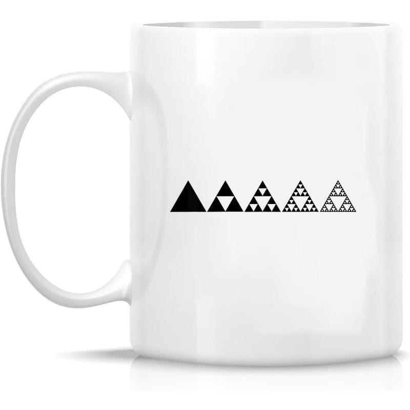 Tailorly White Ceramic 11 oz Mug - Minimalist Black Fractal Progression Featuring Iterative Geometric Patterns Among Mathematical Triangle