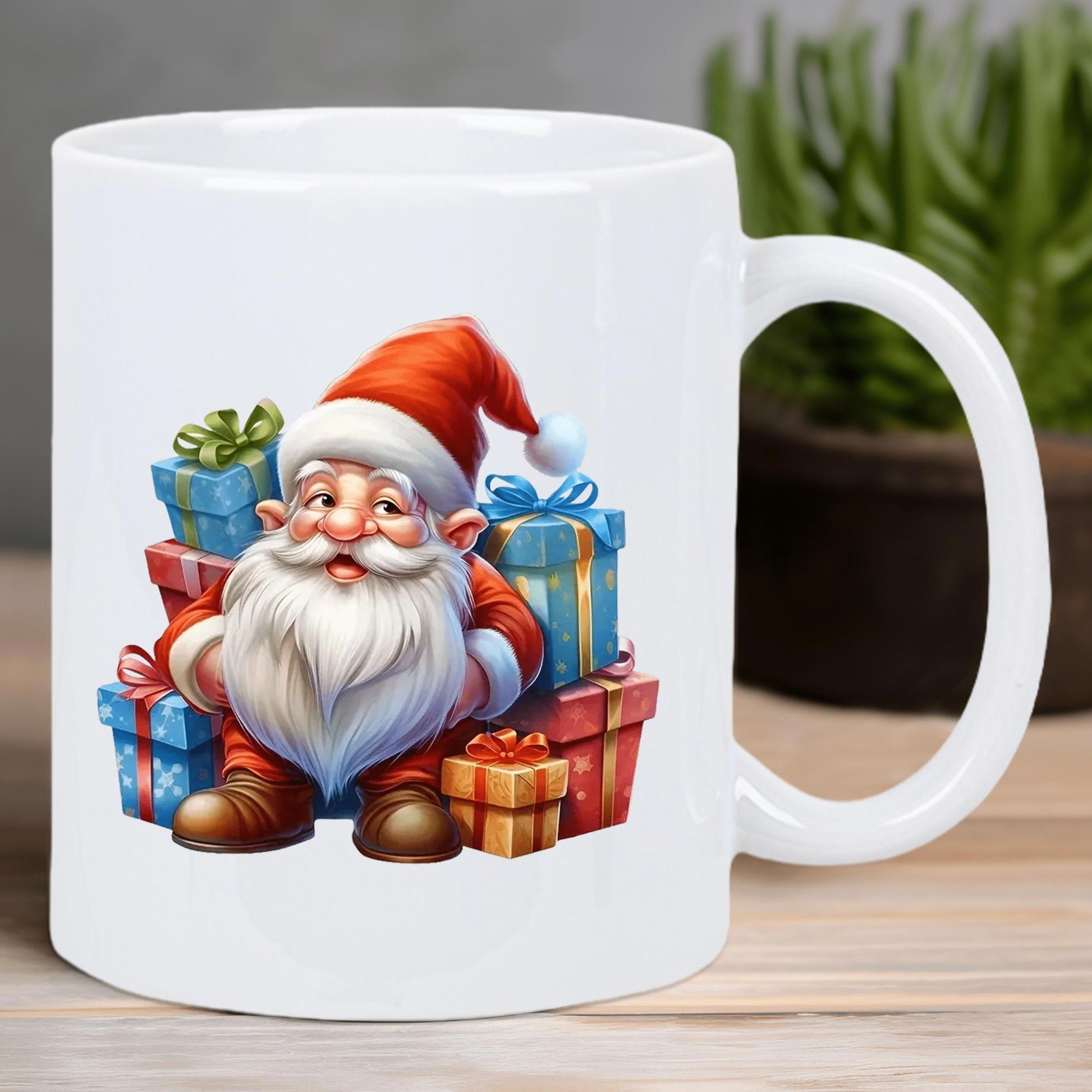 Tailorly White Ceramic 11 oz Mug - Little Jolly Santa Sitting Among Many Colorful Festive Wrapped Gift Boxes Gnome