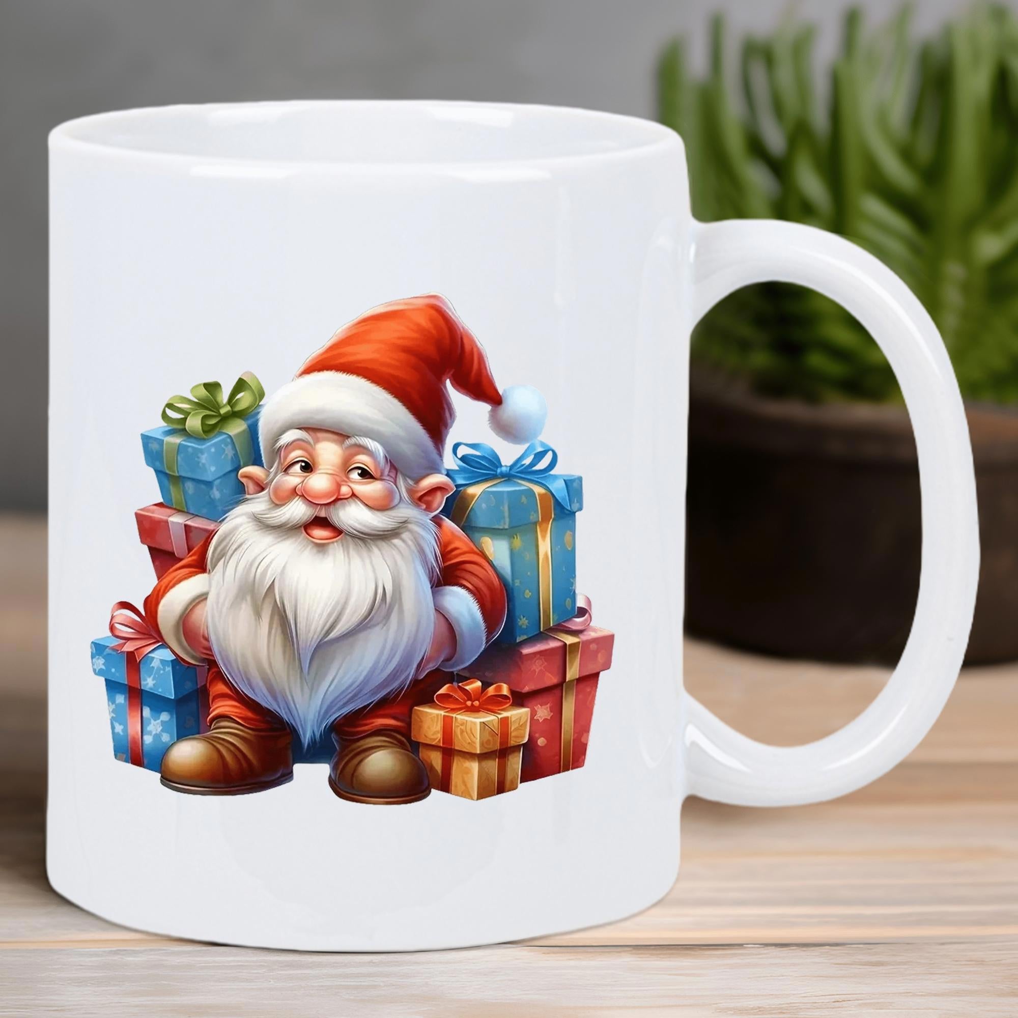 Tailorly White Ceramic 11 oz Mug - Little Jolly Santa Sitting Among Many Colorful Festive Wrapped Gift Boxes Gnome