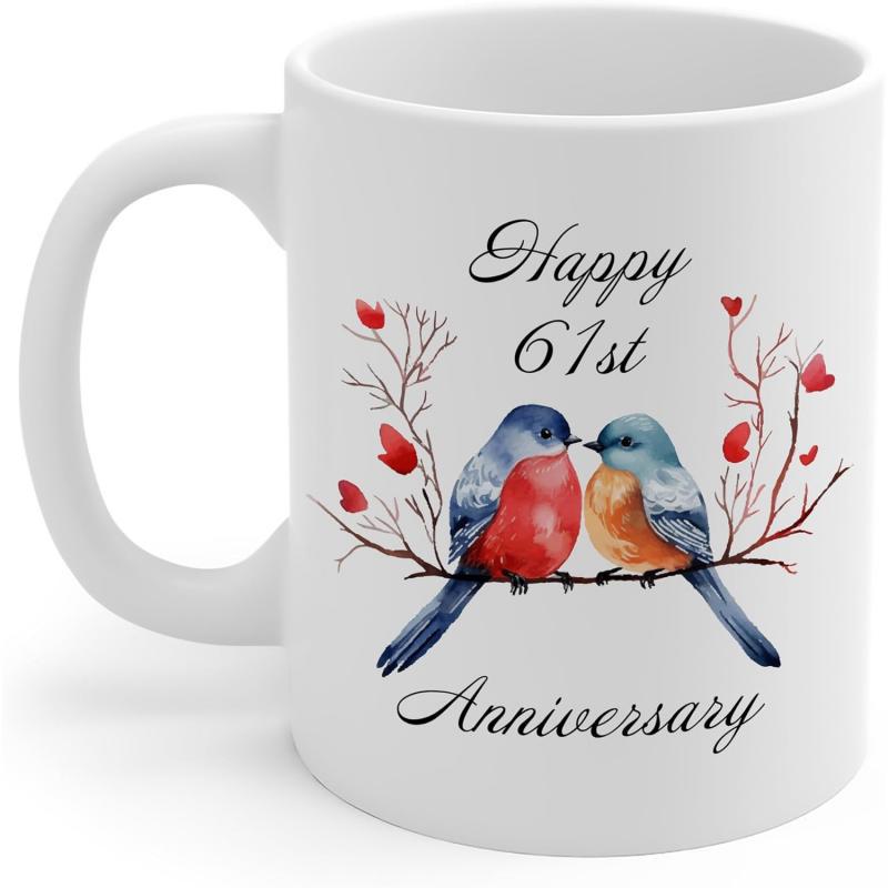 Tailorly White Ceramic 11 oz Mug - Happy 61st Anniversary Two Colorful Bluebirds Resting On A Branch With Delicate Red Hearts Bluebird