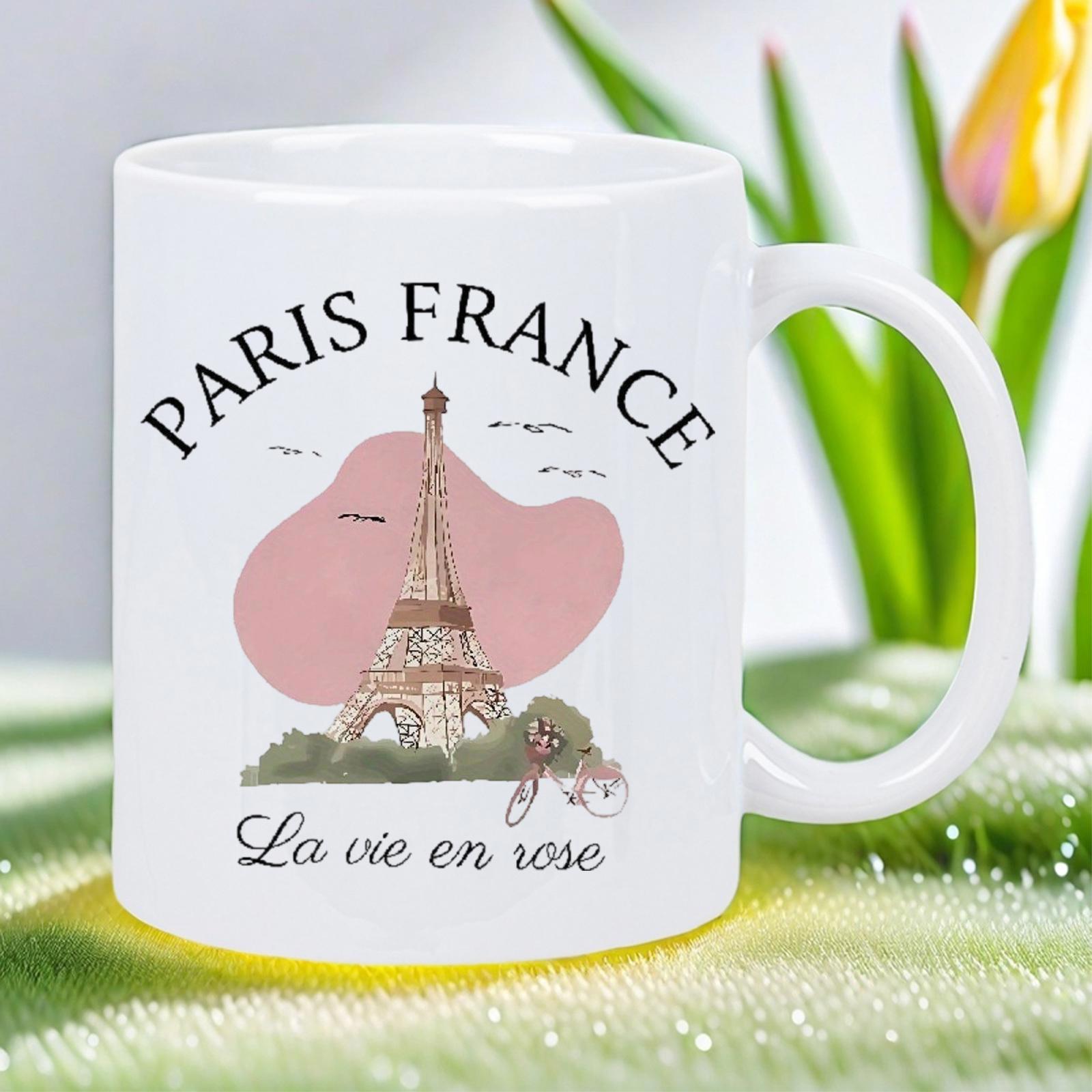 Tailorly White Ceramic 11 oz Mug - Paris France Iconic Landmark Standing Tall Amidst Pink Clouds And Birds Tower