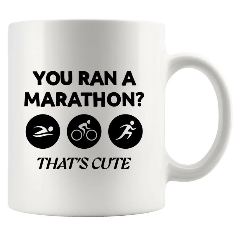 Tailorly White Ceramic 11 oz Mug - You Ran A Marathon Thats Cute Three Black Circular Icons With White Athletic Silhouettes On Smooth Surface Mug