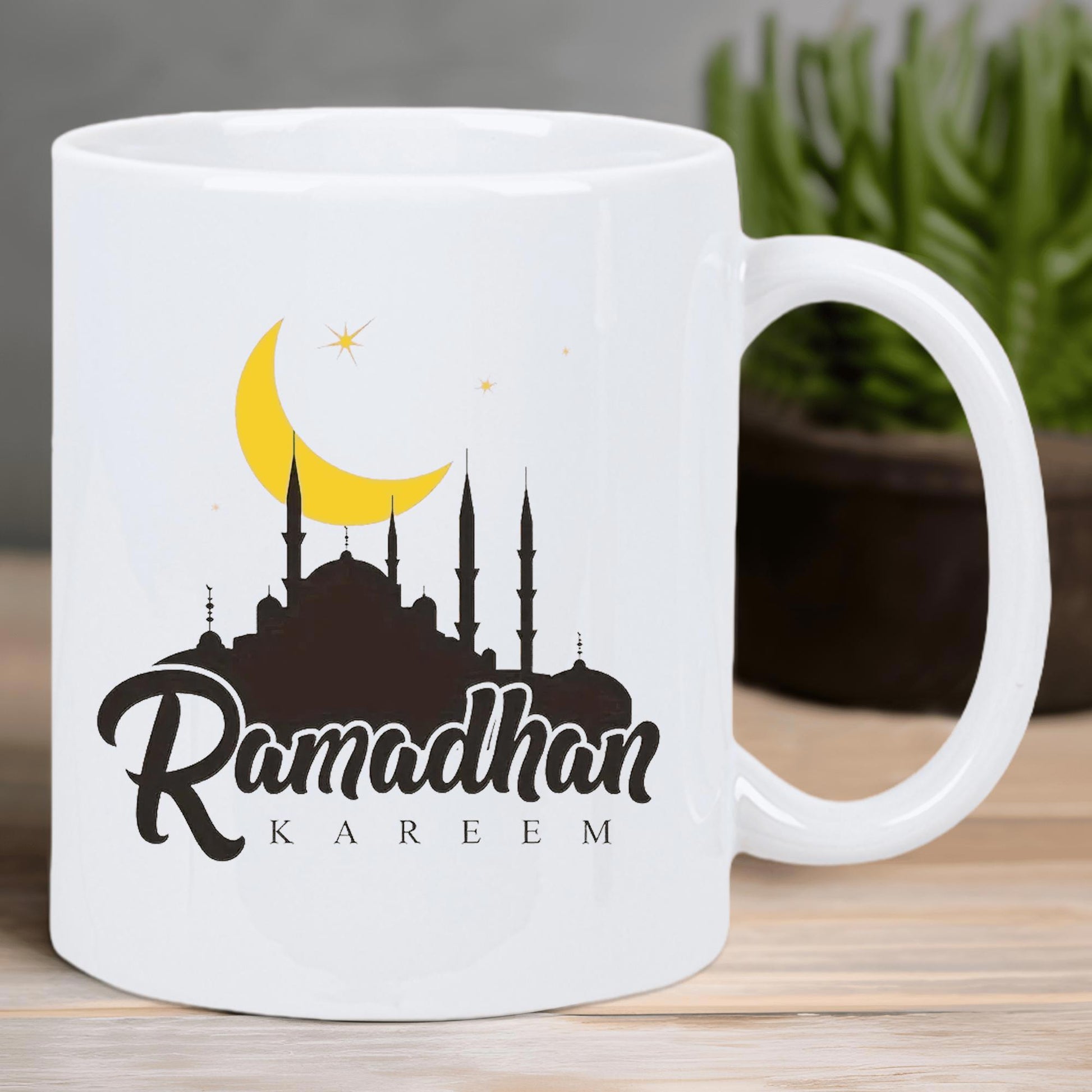 Tailorly White Ceramic 11 oz Mug - Ramadhan Kareem Golden Crescent Moon Over Dark Mosque Silhouette Under Sparkling Night Stars Mosque