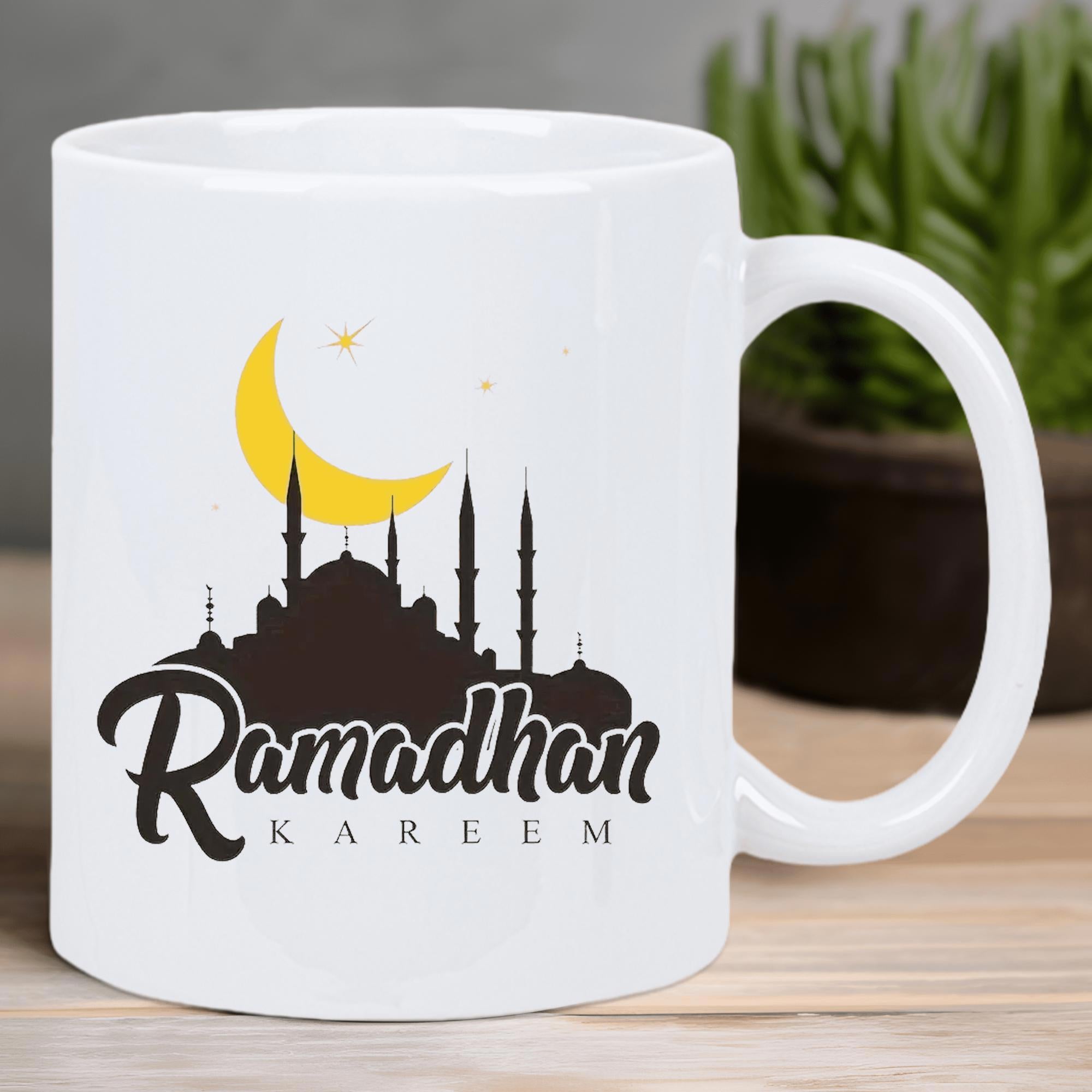 Tailorly White Ceramic 11 oz Mug - Ramadhan Kareem Golden Crescent Moon Over Dark Mosque Silhouette Under Sparkling Night Stars Mosque