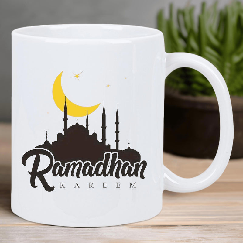 Tailorly White Ceramic 11 oz Mug - Ramadhan Kareem Golden Crescent Moon Over Dark Mosque Silhouette Under Sparkling Night Stars Mosque