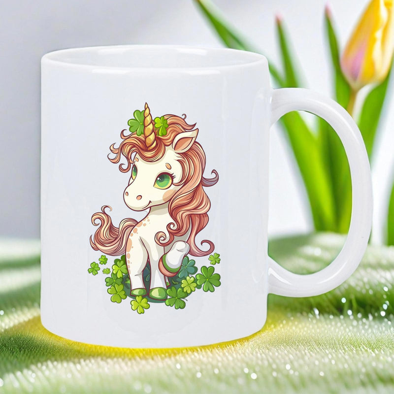 Tailorly White Ceramic 11 oz Mug - Charming Mythical Creature With Flowing Mane Standing Amidst Green Clovers Unicorn