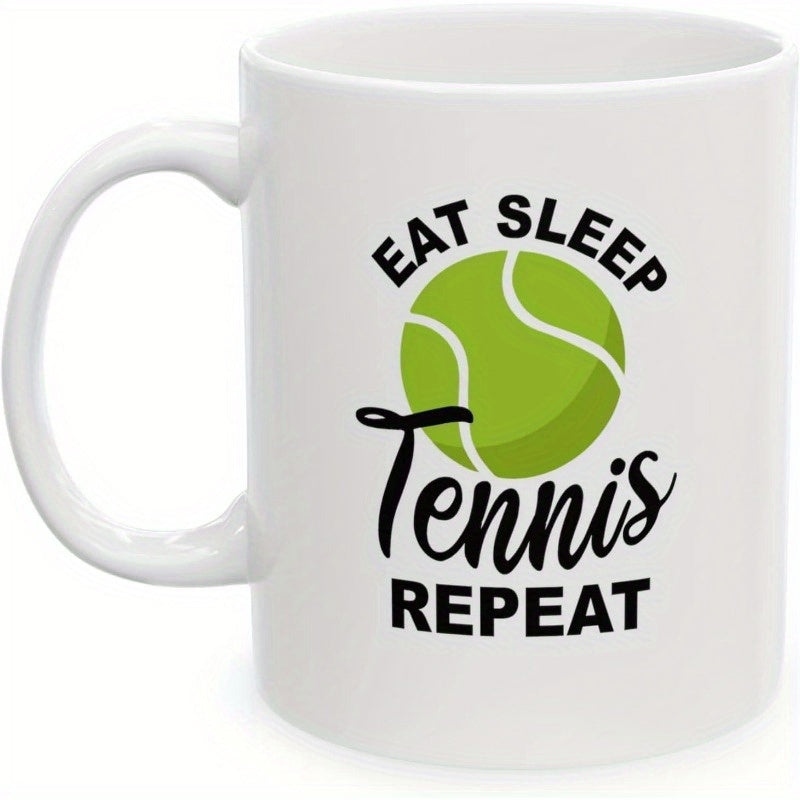 Tailorly White Ceramic 11 oz Mug - Eat Sleep Tennis Repeat Vibrant Green Sphere With Classic White Seams Representing Athletic Energy Ball