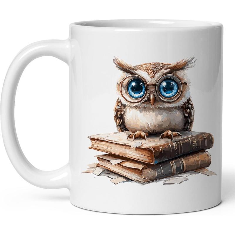 Tailorly White Ceramic 11 oz Mug - Wise Little Bird Wearing Glasses Perched Atop Stack Of Weathered Vintage Books Owl