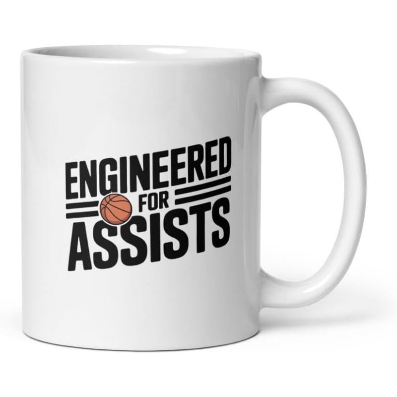 Tailorly White Ceramic 11 oz Mug - Engineered For Assists Bold Athletic Lettering Featuring A Textured Realistic Graphic Basketball