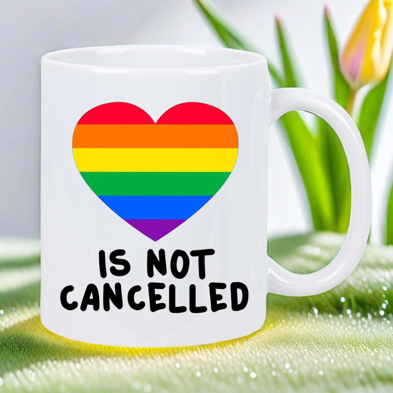 Tailorly White Ceramic 11 oz Mug - Is Not Cancelled Vibrant Colorful Rainbow Stripes Within A Symbolic Heart Shape Representing Pride Heart