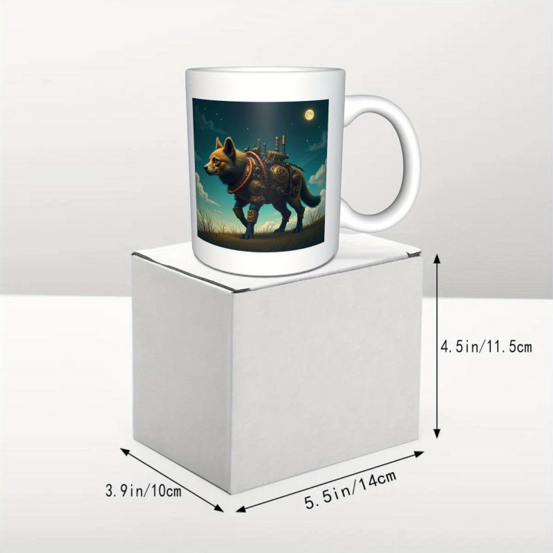 Tailorly White Ceramic 11 oz Mug - Steampunk Armored Wolf Walking Under Glowing Moon In Desolate Landscape Wolf