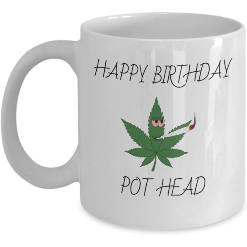 Tailorly White Ceramic 11 oz Mug - Happy Birthday Pot Head Funny Cartoon Green Marijuana Leaf Wearing Sunglasses Smoking Leaf