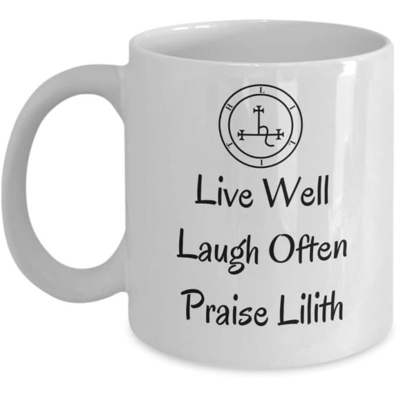 Tailorly White Ceramic 11 oz Mug - Live Well Laugh Often Praise Lilith Mystical Circular Symbols Over Inspirational Script Writing Sigil