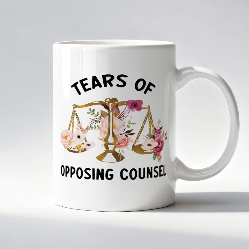 Tailorly White Ceramic 11 oz Mug - Tears Of Opposing Counsel Golden Justice Balance Adorned With Elegant Pink Watercolor Floral Accents Scale