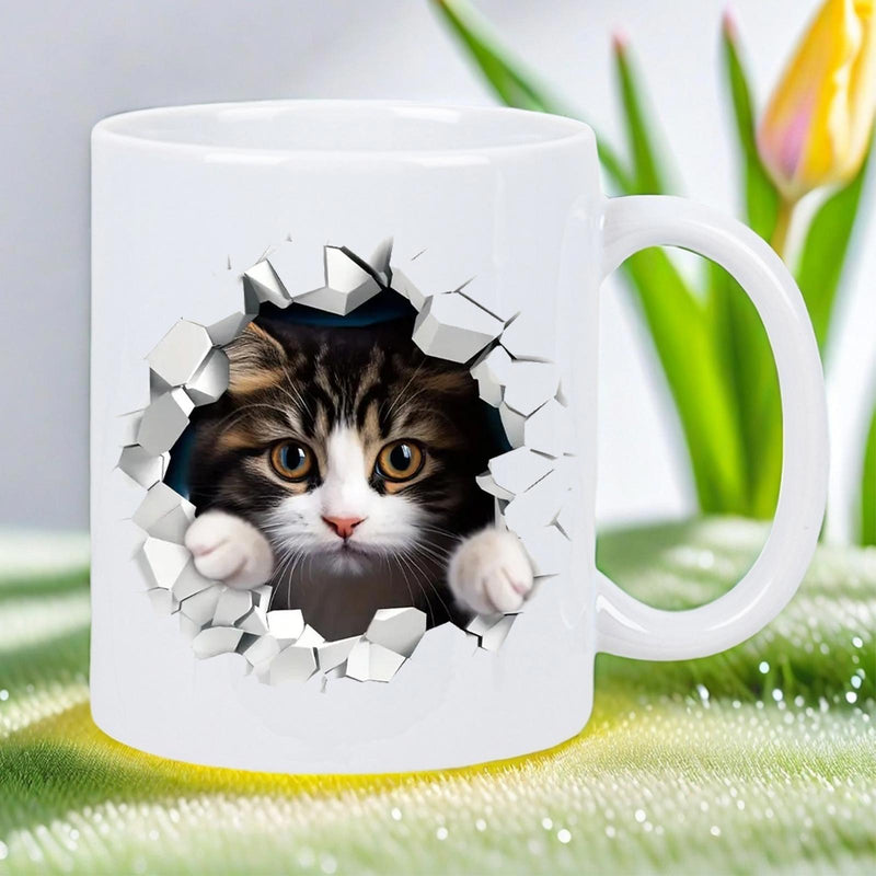 Tailorly White Ceramic 11 oz Mug - Realistic Tabby Peeking Through A Shattered White Stone Wall Crack Cat