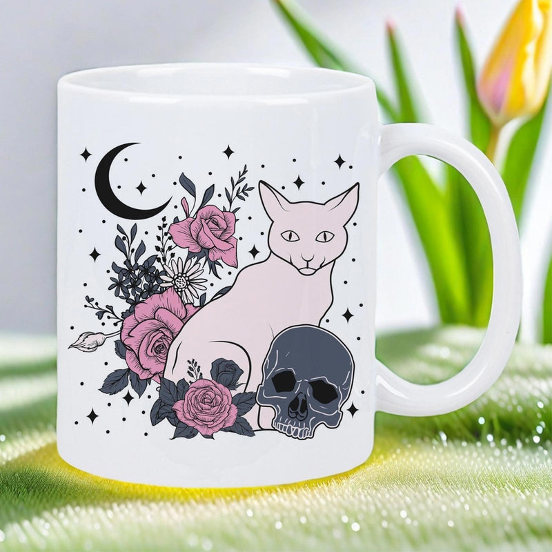 Tailorly White Ceramic 11 oz Mug - Elegant Mystical Illustration With Pink Roses Crescent Moon Stars And Gothic Skull Cat