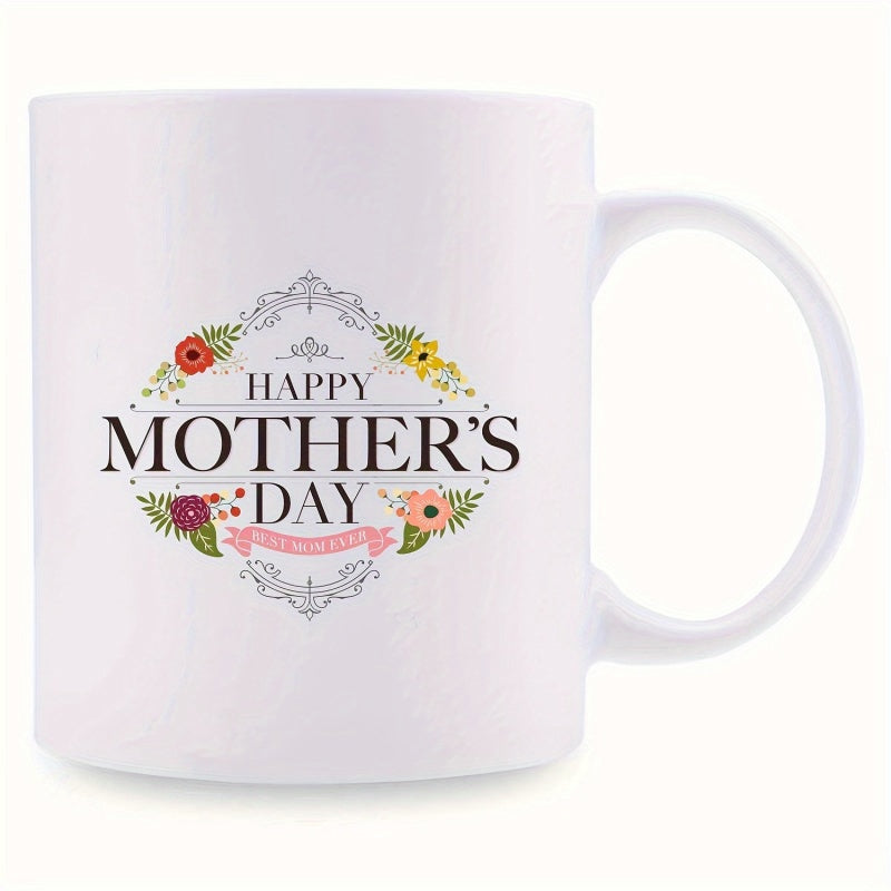 Tailorly White Ceramic 11 oz Mug - Happy Mothers Day Delicate Floral Frame With Colorful Blossoms And Elegant Vintage Filigree Mug