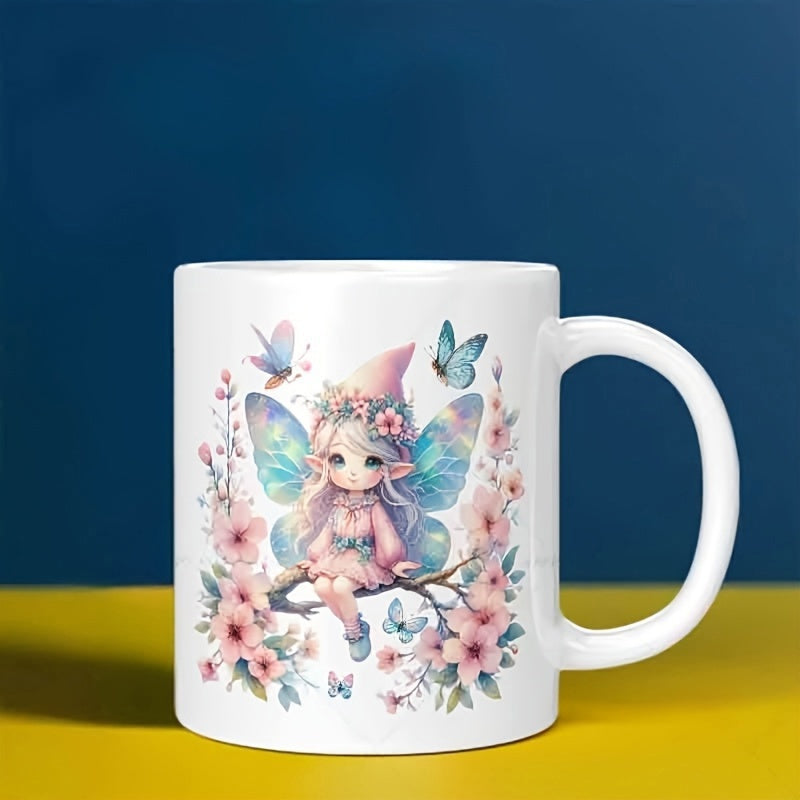 Tailorly White Ceramic 11 oz Mug - Tiny Enchanted Spirit Sitting On A Blooming Branch Among Gentle Butterflies Fairy