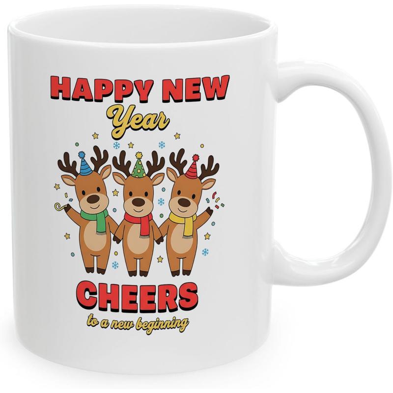 Tailorly White Ceramic 11 oz Mug - Happy New Year Cheers To A New Beginning Festive Cartoon Characters Wearing Colorful Scarves And Party Hats Celebrating Winter