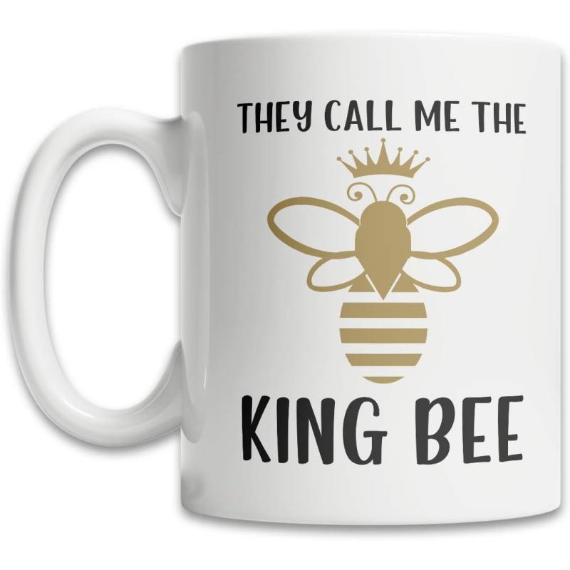 Tailorly White Ceramic 11 oz Mug - They Call Me The King Bee Elegant Stylized Golden Honeybee Wearing A Small Royal Crown Bee