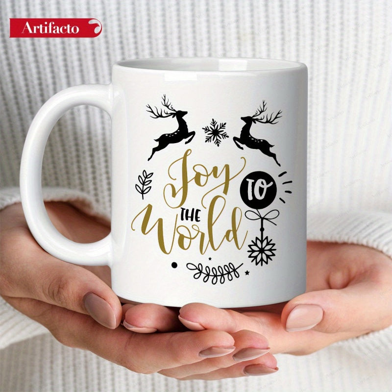 Tailorly White Ceramic 11 oz Mug - Joy To The World Symmetrical Jumping Reindeer Silhouettes With Golden Script And Winter Snowflakes Mug