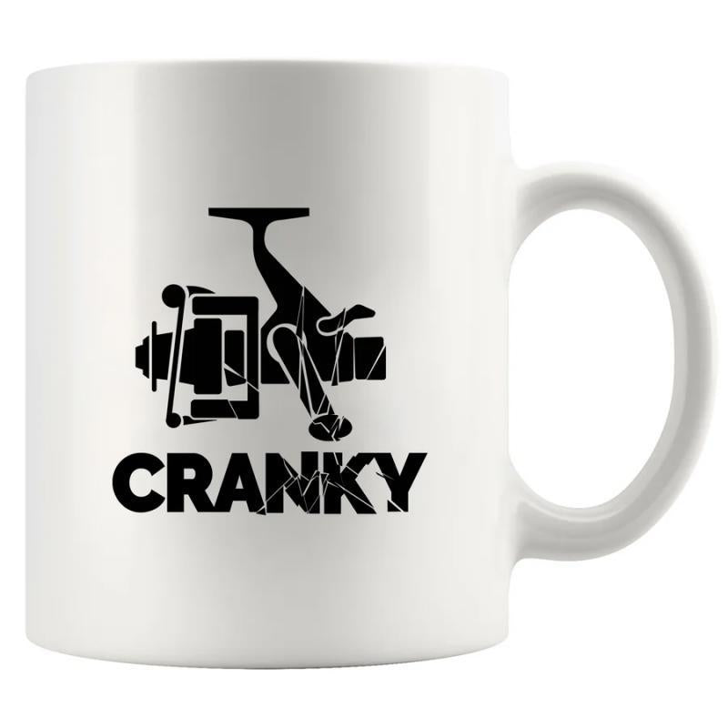 Tailorly White Ceramic 11 oz Mug - Cranky Distressed Black Fishing Spinning Reel Silhouette Graphic On White Background Reel