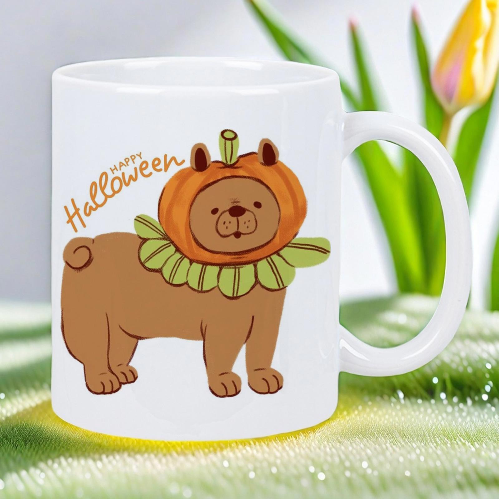 Tailorly White Ceramic 11 oz Mug - Happy Halloween Adorable Cartoon Dog Wearing Orange Pumpkin Hat With Green Ruff Dog