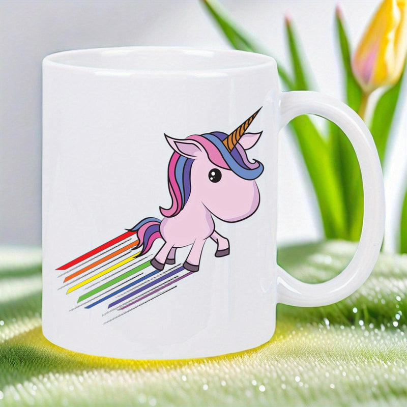 Tailorly White Ceramic 11 oz Mug - Adorable Pink Cartoon Flying Through The Air With Colorful Rainbow Trails Unicorn