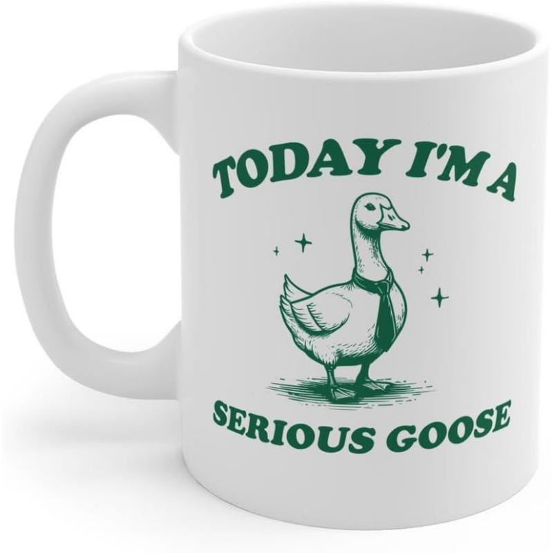 Tailorly White Ceramic 11 oz Mug - Today Im A Serious Goose Detailed Vintage Illustration With Necktie And Tiny Sparkles Goose