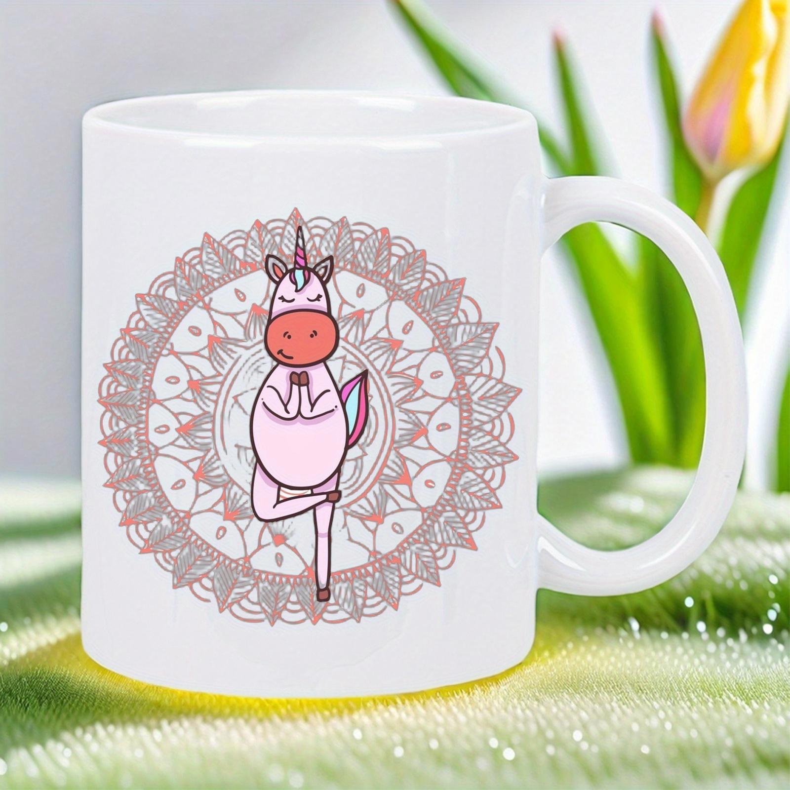 Tailorly White Ceramic 11 oz Mug - Cartoon Unicorn Practicing Yoga Poses Centered Within Intricate Ornamental Mandala Pattern Unicorn