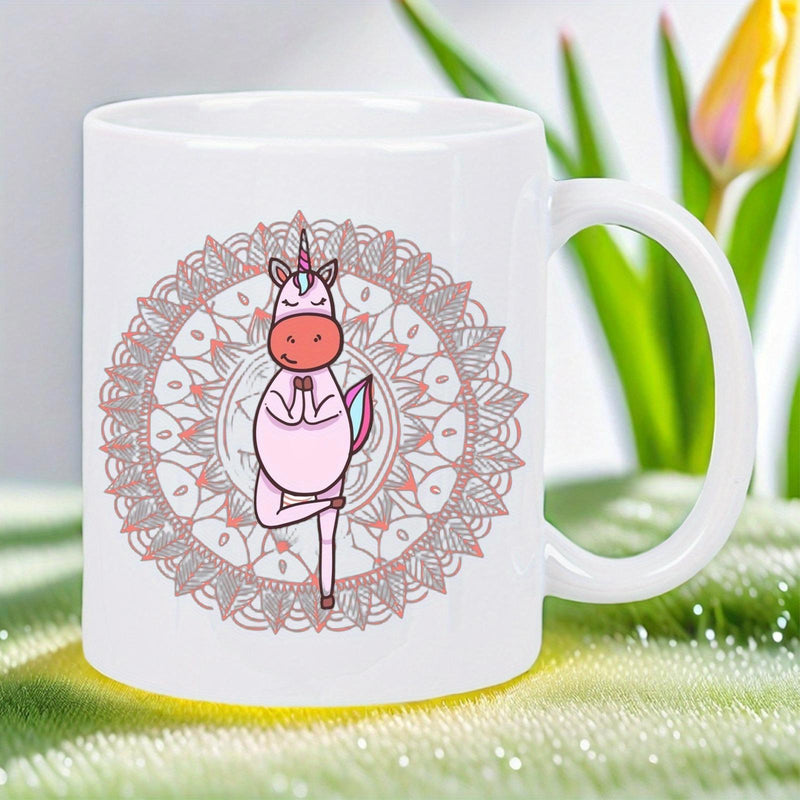 Tailorly White Ceramic 11 oz Mug - Cartoon Unicorn Practicing Yoga Poses Centered Within Intricate Ornamental Mandala Pattern Unicorn