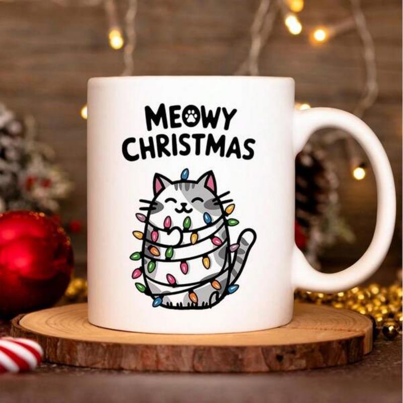 Tailorly White Ceramic 11 oz Mug - Meowy Christmas Adorable Striped Cat Wrapped In Colorful Festive Holiday String Lights Cat