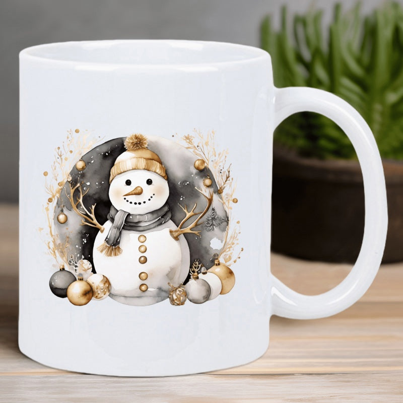 Tailorly White Ceramic 11 oz Mug - Adorable Winter Character With Golden Hat Among Festive Sparkling Holiday Ornaments Snowman